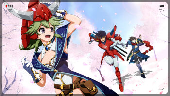 Rule 34 | 1boy, 1girl, armor, black hair, breasts, cleavage, crossover, day, green hair, helmet, highres, langrisser, petals, yoroiden samurai troopers, rose petals, running, samurai, sanada ryou, sword, weapon