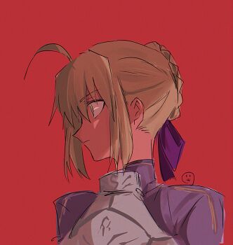 1girl ahoge armor artoria_pendragon_(fate) backlighting blonde_hair bow braid braided_bun breastplate closed_mouth dress empty_eyes fate/stay_night fate_(series) green_eyes hair_between_eyes hair_bow hair_bun highres huge_ahoge juliet_sleeves long_sleeves looking_to_the_side nedameman puffy_sleeves purple_bow purple_dress red_background saber_(fate) short_hair sidelocks simple_background solo upper_body white_armor