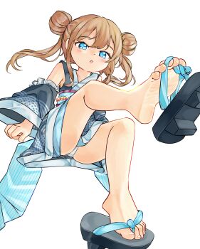 1girl barefoot blue_eyes blush brown_hair chaosexceed detached_sleeves dot_nose double_bun feet foot_focus full_body geta hair_between_eyes hair_bun highres japanese_clothes kimono open_mouth original panties sandals shoe_dangle sitting soles toes underwear white_background