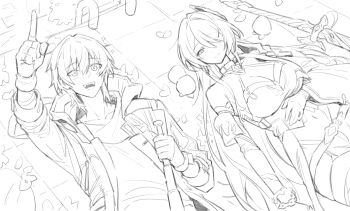 1boy 1girl acheron_(honkai:_star_rail) baseball_bat breasts caelus_(honkai:_star_rail) coat dl_(dl_6ix) greyscale hair_over_one_eye highres holding holding_baseball_bat honkai:_star_rail honkai_(series) lying monochrome on_back pointing sketch smile trailblazer_(honkai:_star_rail)