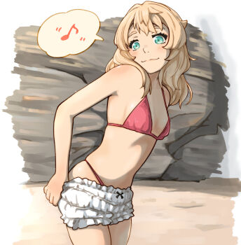 Rule 34 | 1boy, :3, absurdres, aqua eyes, bare shoulders, beach, bikini, blonde hair, blush, breasts, bridget (guilty gear), closed mouth, collarbone, commentary, cowboy shot, english commentary, frilled shorts, frills, guilty gear, guilty gear strive, highres, long hair, looking at viewer, male focus, musical note, outdoors, red bikini, shorts, sidelocks, skindentation, small breasts, solo, spoken musical note, standing, straight hair, sugajyun, swimsuit, trap, white shorts