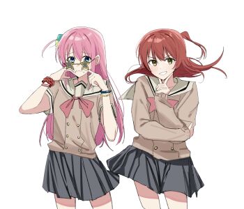 2girls absurdres blue_eyes blush bocchi_the_rock! bracelet brown_shirt chinese_commentary commentary_request cowboy_shot cube_hair_ornament floating_hair gotoh_hitori green_eyes grey_skirt haidao_mao hair_between_eyes hair_ornament highres jewelry kita_ikuyo long_hair looking_at_viewer multiple_girls novelty_glasses one_side_up open_mouth pink_hair pleated_skirt red_hair school_uniform serafuku shirt short_hair shuka_high_school_uniform simple_background skirt star-shaped_eyewear star_(symbol) sunglasses white_background