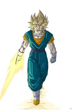Rule 34 | 1boy, absurdres, arm blade, aura, blonde hair, blue pants, blue sash, blue shirt, commentary request, dragon ball, dragon ball gekishin squadra, dragonball z, energy blade, full body, gloves, gomadang0417, green eyes, highres, male focus, medium hair, orange shirt, pants, sash, shirt, simple background, solo, spiked hair, super saiyan, super saiyan 1, vegetto, walking, weapon, white background, white gloves, white pants
