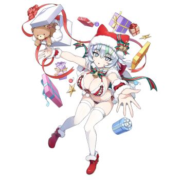 1girl :o bikini box breasts capelet christmas cleavage dolphin_wave full_body fur-trimmed_bikini fur-trimmed_capelet fur-trimmed_headwear fur-trimmed_wrist_cuffs fur_trim game_cg gift gift_box green_streaks grey_hair hat high_heels highres invisible_chair kurokuchi_muru large_breasts looking_at_viewer midriff multicolored_eyes multicolored_hair navel non-web_source official_art ootomo_takuji outstretched_arms pink_streaks purple_streaks rainbow_eyes red_bikini red_capelet red_hat red_shoes red_wrist_cuffs santa_bikini santa_costume santa_hat shoes sitting skindentation solo swimsuit thighhighs throwing transparent_background white_thighhighs wrist_cuffs