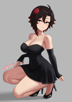 1girl ahoge alternate_costume arm_behind_back artist_name bare_legs bare_shoulders black_dress black_hair black_shoes black_sleeves breasts cleavage clenched_hand commentary cslucaris detached_sleeves dress english_commentary flower gradient_hair grey_background grey_eyes hair_between_eyes hair_flower hair_ornament half-closed_eyes hand_on_own_thigh high_heels highres legs looking_at_viewer medium_breasts medium_hair multicolored_hair off-shoulder_dress off_shoulder parted_lips red_flower red_hair red_rose rose ruby_rose rwby shadow shoes short_dress sidelighting sideways_glance simple_background sleeveless sleeveless_dress sleeves_past_wrists solo squatting strapless strapless_dress teeth thighs turning_head