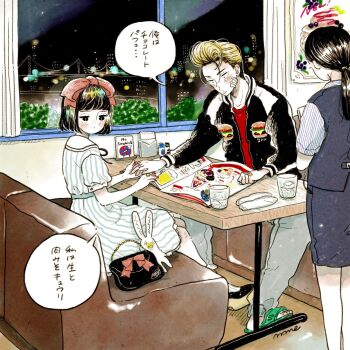 1boy 2girls bag bandage_on_face bandages bandaid bandaid_on_hand black_bag black_bow black_bowtie black_eyes black_hair black_jacket black_shoes blonde_hair blush bob_cut booth_seating bow bowtie burger bush city_lights cityscape collared_shirt colored_skin commentary cup diner dress emamemamo33 fingernails food from_behind from_side full_body green_shoes grey_pants grey_skirt grey_vest hair_bow handbag high_heels highres holding_hands indoors iridescent_hair jacket long_sleeves low_ponytail menu multiple_girls nail_polish night no_smoking original pants pencil_skirt pompadour ponytail poster_(object) red_bow red_nails red_shirt sailor_collar sandals shirt shoes short_hair short_sleeves signature skirt slice_of_life slides speech_bubble striped_clothes striped_dress striped_shirt t-shirt table vertical-striped_clothes vertical-striped_dress vest waitress white_skin window