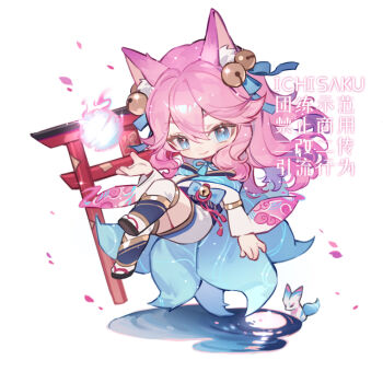 1girl ahri_(league_of_legends) animal_ear_fluff animal_ears artist_name bell black_sandals blue_eyes blue_ribbon chibi chibi_only chinese_commentary closed_mouth commentary_request double-parted_bangs fox_ears fox_girl fox_tail full_body hair_bell hair_between_eyes hair_ornament hair_ribbon ichisaku japanese_clothes kimono league_of_legends long_hair long_sleeves looking_at_viewer multiple_tails okobo pink_hair platform_sandals ribbon sandals simple_background smile solo tail thighhighs torii white_background white_kimono white_thighhighs wide_sleeves