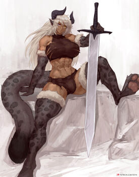 1girl abs absurdres animal_hands breasts closed_mouth crop_top dark-skinned_female dark_skin demon_horns expressionless eyebrows_hidden_by_hair full_body heterochromia highres holding holding_sword holding_weapon horns large_breasts leopard leopard_tail long_hair looking_ahead monster_girl muscular muscular_female navel original pointy_ears purple_eyes shorts simple_background sitting solo spread_legs stomach sword tail tezy8art torn_clothes weapon white_background white_hair yellow_eyes