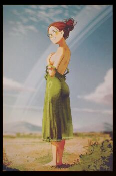 1girl absurdres barefoot breasts brown_hair commentary covering_breasts covering_privates day dress english_commentary from_behind full_body green_dress green_eyes grin hair_bun highres looking_back loose_dress medium_breasts original ottilie_(spindle_(aidenr0)) outdoors planetary_ring single_hair_bun smile solo spindle_(aidenr0) standing