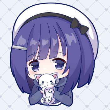 Rule 34 | 1girl, animal, beret, black bow, blue eyes, blue hair, blunt bangs, blunt ends, bob cut, bow, cat, commentary, cropped torso, fuiba fuyu, gochuumon wa usagi desu ka?, grey background, grey hoodie, hair ornament, hairclip, hands up, hat, hat bow, heart, holding, holding animal, holding cat, hood, hood down, hoodie, kk0220, medium hair, simple background, solo, tareme, upper body, white cat, white hat