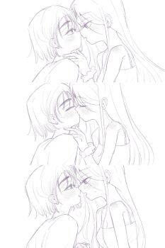 2girls alien_stage blush camisole closed_eyes coldmeow commentary earrings hashtag-only_commentary highres jewelry kiss long_hair looking_at_another mizi_(alien_stage) multiple_girls saliva saliva_trail shirt short_hair sua_(alien_stage) yuri