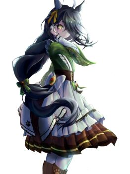 1girl ahoge animal_ears black_hair blush boots bow brown_boots brown_corset closed_mouth commentary_request corset ear_covers ear_ribbon frilled_kimono frills from_side green_kimono hair_between_eyes highres horse_ears horse_girl horse_tail japanese_clothes kimono long_bangs long_hair long_hair_between_eyes long_sleeves looking_at_viewer maid manhattan_cafe_(umamusume) manhattan_cafe_(verdant_night)_(umamusume) masasan multicolored_hair official_alternate_costume official_alternate_hairstyle pantyhose paw_print simple_background single_ear_cover solo tail umamusume white_background white_pantyhose yellow_eyes