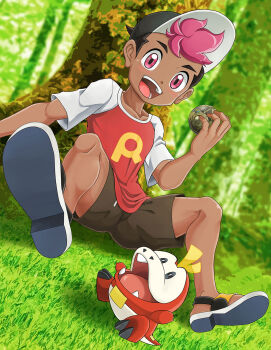1boy feet fuecoco highres huuyoku jungle male_focus nature open_mouth outdoors pink_eyes pink_hair pokemon pokemon_(anime) pokemon_horizons roy_(pokemon) sandals shota smile solo_focus spread_legs tagme