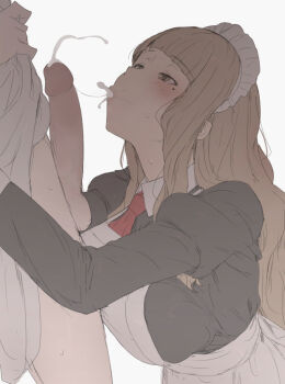 1futa 1girl after_fellatio blonde_hair bow bowtie breasts brown_hair_maid_(mdf_an) clothes_lift cum cum_in_mouth dress dress_lift fellatio futa_with_female futanari futanari-sama_(mdf_an) large_breasts long_hair maid maid_headdress mdf_an oral original penis simple_background testicles third-party_edit uncensored white_dress yuri