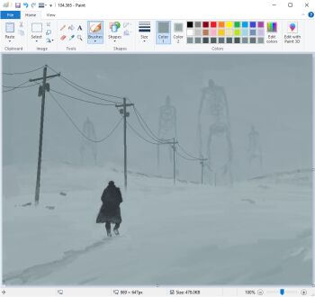 5others art_program_in_frame black_coat blurry christian_young coat commentary creature depth_of_field footprints from_behind full_body grey_sky limited_palette microsoft_paint_(medium) microsoft_paint_(software) mini_person mountainous_horizon multiple_others original outdoors painterly power_lines screencap skeleton sky snow utility_pole walking