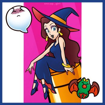 1girl bat_(animal) black_lips blue_border blue_dress blue_eyes blue_hat blue_shoes blush boo_(mario) border bracelet brown_hair dress earrings eyeshadow gold_bracelet hat high_heels highres jewelry long_hair looking_at_viewer makeup mario_(series) nakaue_shigehisa_(style) nintendo official_alternate_costume ooneupart outside_border pauline_(halloween)_(mario) pauline_(mario) purple_eyeshadow shoes sitting sleeveless sleeveless_dress swoop_(mario) warp_pipe witch_hat