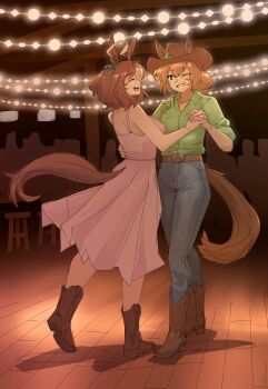 2girls absurdres ahoge animal_ears blue_eyes blue_pants blush boots bow breasts brown_boots brown_hair closed_eyes collared_shirt commentary cowboy_boots cowboy_hat dancing denim dress ear_ribbon ears_through_headwear english_commentary green_shirt hair_between_eyes hair_ornament hat highres holding_hands horse_ears horse_girl horse_tail large_breasts long_hair medium_breasts meisho_doto_(umamusume) multicolored_hair multiple_girls one_eye_closed open_mouth pants pink_dress ponytail shirt sleeveless sleeveless_dress sleeves_rolled_up smile star_(symbol) star_hair_ornament stool taiki_shuttle_(umamusume) tail two-tone_hair umamusume vee_(427deer) white_hair yuri