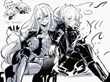 1boy 1girl armor bodysuit breasts cape chibi chibi_inset commentary crossed_legs elbow_on_another's_shoulder facial_mark fire heterochromia highres long_hair medium_breasts medium_hair mero_(merope_hika) monochrome multicolored_hair school_uniform shion_(hundred_line) shoulder_armor sitting sketch_inset smile streaked_hair the_hundred_line_-last_defense_academy- translated v'ehxness