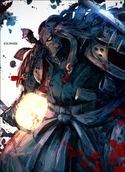 1boy armor blood blood_splatter commentary_request eye_trail fate/grand_order fate_(series) glint hattori_takeo_(fate) helmet holding holding_sword holding_weapon japanese_armor k-suwabe lantern light_trail looking_ahead male_focus paper_lantern red_eyes shoulder_armor sode solo sword weapon white_background