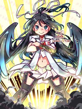 Rule 34 | 1girl, artist logo, asymmetrical gloves, black hair, black wings, boots, crossdressing, crossdressing (ftm), dated, feet out of frame, gauntlets, gloves, green eyes, gunbuster pose, hair ribbon, jinbaori, kantai collection, katsuragi (kancolle), kutone shirika, logo, long hair, looking at viewer, navel, original remodel (kantai collection), ponytail, ribbon, skirt, solo, thigh boots, uneven gloves, white ribbon, white skirt, wings, yellow background