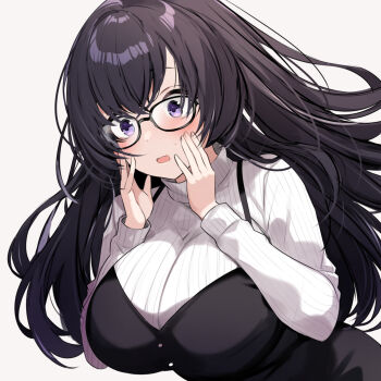 1girl black-framed_eyewear black_dress black_hair blush breasts commentary_request dress dutch_angle glasses hands_on_own_cheeks hands_on_own_face highres large_breasts long_hair long_sleeves open_mouth original purple_eyes simple_background solo sweater upper_body urabanasimati white_background white_sweater wide-eyed
