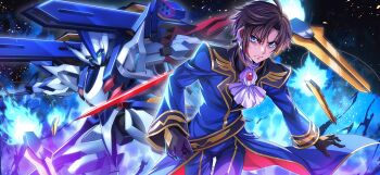 1boy black_gloves black_hair blue_eyes blue_fire closed_mouth code_geass code_geass:_lost_stories commentary_request f4samurai fire gloves highres knightmare_frame mario_disel mecha military_uniform official_art pendulum_(code_geass) robot short_hair solo