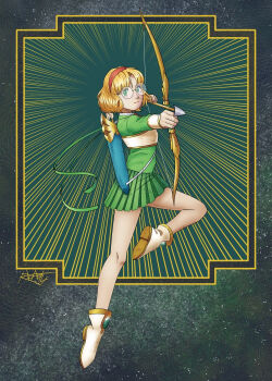 1girl armor armored_dress blonde_hair boots bow_(weapon) closed_mouth commentary drawing_bow dress english_commentary full_body green_eyes hairband holding holding_bow_(weapon) holding_weapon hououji_fuu leg_up looking_at_viewer magic_knight_rayearth pale_skin pleated_skirt quiver red_hairband ross.toasty round_eyewear school_uniform short_hair signature skirt smile solo split_mouth weapon white_boots