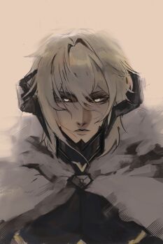 1boy absurdres arthur_leywin blonde_hair brooch cloak double-parted_bangs fur_collar glowing glowing_eyes hair_between_eyes highres hood hood_down horns jewelry logicsterrr looking_at_viewer male_focus parted_lips sheep_horns short_hair solo the_beginning_after_the_end upper_body wind yellow_eyes