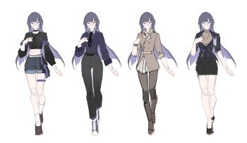 1girl absurdres alternate_costume artist_collaboration black_jacket black_necktie black_pants black_shirt black_shorts black_skirt boots breasts brown_boots brown_jacket buttons commentary crop_top double-breasted english_commentary glasses grey_pantyhose highres honkai_(series) honkai_impact_3rd id_card jacket long_hair long_sleeves looking_at_viewer medium_breasts mei_(honkai_impact) multiple_views necktie pants pantyhose pencil_skirt purple_eyes purple_hair purple_shirt reference_sheet sang_sha shirt shorts simple_background sketch skirt thigh_strap white_background zelian