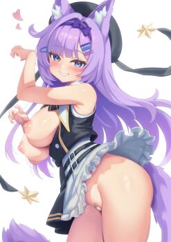 1girl absurdres animal_ears bandaid bandaid_on_pussy blue_eyes blush breasts breasts_out commentary_request commission fox_ears fox_girl fox_tail hair_ornament hat highres large_breasts long_hair looking_at_viewer nipples original paid_reward_available purple_hair skeb_commission smile solo tail zusshii_(libertasgenesis)