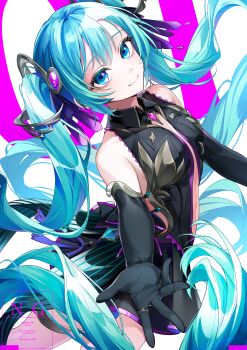 1girl absurdly_long_hair absurdres black_dress black_gloves blue_eyes blue_hair breasts closed_mouth collared_shirt dress elbow_gloves floating_hair front_slit gem gloves hatsune_miku highres long_hair michiharu_(8328328) pink_gemstone reaching reaching_towards_viewer shirt short_dress small_breasts smile standing twintails very_long_hair vocaloid watermark