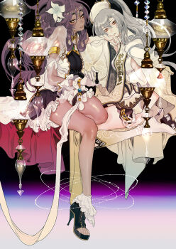 2girls bare_legs bible_bullet black_skin closed_mouth colored_skin commentary_request daode_tianzun_(bible_bullet) dress flower gloves grey_hair hair_flower hair_ornament high_heels highres kaifei_(kaifei_29) looking_at_viewer multiple_girls purple_hair red_eyes table white_dress white_gloves