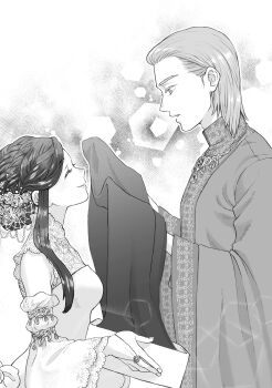1boy 1girl box braid breasts bridal_gauntlets closed_eyes commentary_request detached_sleeves ferdinand_(honzuki_no_gekokujou) flower gift gift_box greyscale hair_flower hair_ornament height_difference highres hitsuki_(hiidukii) holding holding_box holding_unworn_clothes honzuki_no_gekokujou medium_breasts monochrome myne_(honzuki_no_gekokujou) open_box pentagon_(shape) robe sidelocks smile wide_sleeves