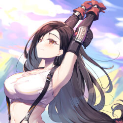 Rule 34 | 1girl, armpits, arms up, bare shoulders, black hair, black sleeves, blue sky, blush, breasts, bucchake (asami), closed mouth, cloud, cloudy sky, collarbone, commentary request, crop top, detached sleeves, earrings, elbow pads, final fantasy, final fantasy vii, gloves, hair behind ear, jewelry, large breasts, long hair, looking up, low-tied long hair, midriff, mountain, mountainous horizon, navel, outdoors, outstretched arms, red eyes, red gloves, single earring, single elbow pad, sky, smile, solo, stretching, suspenders, tank top, tifa lockhart, upper body, very long hair, white tank top