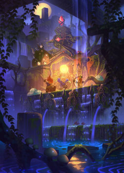 Rule 34 | 1girl, 2boys, ahoge, apokarihardcore, arm up, arrow (projectile), blonde hair, blunt bangs, bow (weapon), brown hair, commentary request, crystal, fantasy, fountain, full moon, gradient hair, holding, holding arrow, holding bow (weapon), holding staff, holding sword, holding weapon, long hair, low ponytail, monster, moon, moss, multicolored hair, multiple boys, mushroom, night, original, ponytail, red hair, scenery, slime (creature), staff, sword, two-tone hair, weapon