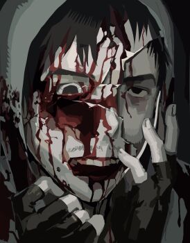 1boy bags_under_eyes black_eyes black_gloves black_hair blood blood_on_face commentary cracked_kawaii_mask cracked_mask crazy_grin cry_of_fear dual_persona english_commentary facial_hair fingerless_gloves gloves grey_hoodie hand_on_own_face highres hood hood_up hoodie male_focus mustache_stubble portrait short_hair si_tou simon_henriksson simon_henriksson_(book) stubble