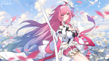 1girl absurdres alternate_costume alternate_design artist_name bare_shoulders blue_hair blue_sky breasts character_request check_character cleavage closed_mouth clothing_cutout cloud cloudy_sky cyrene_(honkai:_star_rail) cyrene_(ripples_of_past_reverie)_(honkai:_star_rail) dated day dress field flower flower_field gloves gradient_hair hairband highres honkai:_star_rail honkai_(series) large_breasts long_hair looking_at_viewer multicolored_hair on_swing pink_hair purple_eyes shoulder_cutout sitting sky smile solo swing thighs very_long_hair white_dress white_flower white_gloves white_hairband yubanbanzi