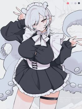 1girl animal_ears asymmetrical_sidelocks black_dress bow bowtie breasts cephalopod_eyes character_background collared_dress commentary_request corset cowboy_shot double_v dress earrings frilled_dress frills frown hair_ornament hair_over_one_eye halftone halftone_background head_tilt highres jewelry large_breasts looking_at_viewer maid maid_headdress medium_hair mole mole_on_thigh mole_under_eye monster_girl octopus_ears original partially_unbuttoned red_eyes scylla sidelocks single_earring single_hair_intake skindentation sleeves_past_wrists solo standing swept_bangs tentacles thigh_strap tight_clothes tsurime unkempt uumi_hinata v w white_bow white_corset wolf_cut