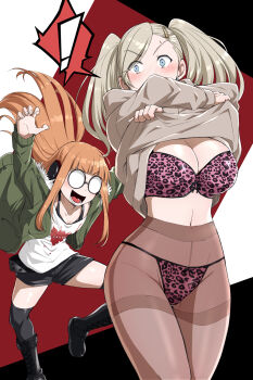 ! 2girls ambush animal_print arms_up black_boots black_shorts black_thighhighs blonde_hair blue_eyes blush boots bra breasts cleavage clothes_lift commentary_request curvy glasses green_jacket hair_ornament hairclip headphones highres jacket keke_(user_zech7732) large_breasts leopard_print leopard_print_bra leopard_print_panties multiple_girls navel orange_hair panties panties_under_pantyhose pantyhose persona persona_5 print_bra print_panties sakura_futaba shorts small_breasts spoken_exclamation_mark surprised sweater sweater_lift takamaki_anne thighhighs thighs twintails underwear undressing