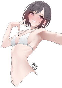 1girl absurdres armpits bikini blush braid breasts brown_hair highres kawai_ritsu_(rits_meg) medium_breasts navel project_sekai purple_eyes shinonome_ena short_hair side_braid simple_background smile solo stomach swimsuit v white_background white_bikini