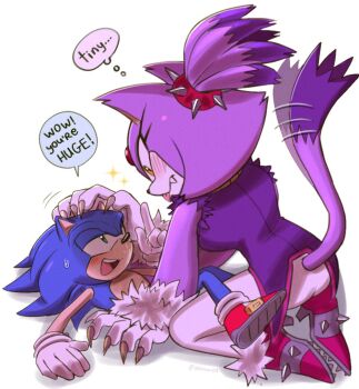 1boy 1girl blaze_the_cat blue_fur claws fang furry furry_female furry_male gloves green_eyes ponytail purple_fur red_shoes shoes simple_background sonic_(series) sonic_the_hedgehog speech_bubble spiked_shoes spikes sweatdrop tail tail_wagging white_background white_gloves yellow_eyes yeonwu08