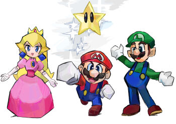 Rule 34 | 1girl, 2boys, absurdres, blonde hair, blue eyes, blue overalls, brown hair, commentary, crown, dress, earrings, facial hair, gloves, green hat, hat, highres, jewelry, long hair, low poly, luigi, mario, mario (series), mario day, mario party, mario party 1, multiple boys, mustache, nintendo, open mouth, overalls, pink dress, princess peach, rakugaki shitagari-ya, red hat, smile, sparkle, sphere earrings, super star (mario), white gloves