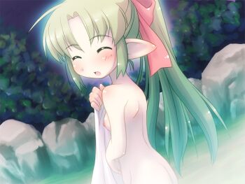 1girl ^_^ bare_shoulders bathing blush bow breasts closed_eyes completely_nude cowboy_shot curtained_hair elf from_behind green_hair hair_bow holding holding_towel juusha-chan_to_yaya_zannen_na_yuusha_no_hanashi juusha_(juusha-chan_to_yaya_zannen_na_yuusha_no_hanashi) leaf long_hair looking_at_viewer looking_back night nipples nude onsen open_mouth outdoors partially_submerged pointy_ears ponytail red_bow rock shoulder_blush sidelocks small_breasts smile solo standing steam third-party_source towel water yoshi_(crossmind)