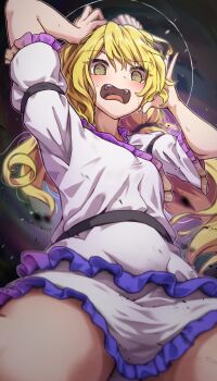 1girl @_@ absurdres blonde_hair blush breasts clam_shell_ornament commentary_request confused dress fossilized_wonders frills hands_on_own_head highres long_hair open_mouth short_sleeves small_breasts solo sweat sweatdrop teeth thighs tongue touhou upper_teeth_only watari_nina white_dress yellow_eyes yosshy