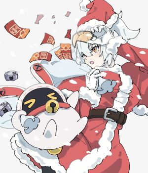 >_< 1girl adjusting_eyewear alternate_costume bangboo_(zenless_zone_zero) bell breasts commentary_request coupon cowboy_shot dress fur-trimmed_dress fur-trimmed_headwear fur_trim gloves goggles grey_background grey_hair hat highres holding holding_sack large_breasts looking_to_the_side luckyboo_(zenless_zone_zero) neck_bell netsu_0716 open_mouth pom_pom_(clothes) ponytail red_dress red_eyes sack santa_costume santa_dress santa_hat simple_background snowing soldier_11_(zenless_zone_zero) tinted_eyewear white_gloves yellow-tinted_eyewear zenless_zone_zero