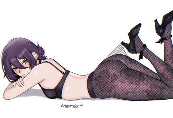 1girl absurdres ass black_bra black_choker bra breasts chainsaw_man choker green_eyes hair_between_eyes hair_bun high_heels highres lace_pantyhose lace_pantyhose_hooked_on_heel_(meme) lying meme mothdropcrowla on_stomach purple_hair reze_(chainsaw_man) simple_background small_breasts solo underwear white_background