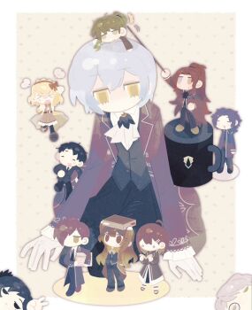 &gt;_&lt; 5boys 5girls angela_(project_moon) arm_up ascot binah_(project_moon) blue_coat blue_hair brown_coat brown_eyes brown_hair chesed_(project_moon) chibi clenched_hand closed_mouth coat collared_shirt cup folded_ponytail frilled_sleeves frills gebura_(project_moon) green_hair high_ponytail hod_(project_moon) hokma_(project_moon) lapels library_of_ruina long_hair long_sleeves low_ponytail malkuth_(project_moon) mini_person mini_person_on_head miniboy minigirl mug multiple_boys multiple_girls netzach_(project_moon) notched_lapels parted_bangs ponytail project_moon roland_(project_moon) shirt short_hair sidelocks smile tiphereth_a_(project_moon) v very_long_hair vest white_ascot white_shirt yellow_eyes yesheng_zong_ren yesod_(project_moon)