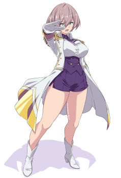 1girl absurdres asanaya blue_eyes boots breasts commentary_request corset full_body gloves grey_hair gridman_universe hair_between_eyes highres jacket large_breasts looking_at_viewer military_jacket mujina necktie open_mouth purple_corset purple_necktie purple_shorts red_eyes short_hair short_necktie shorts simple_background skindentation solo ssss.dynazenon teeth thick_thighs thighs underbust v-shaped_eyebrows white_background white_boots white_gloves white_jacket