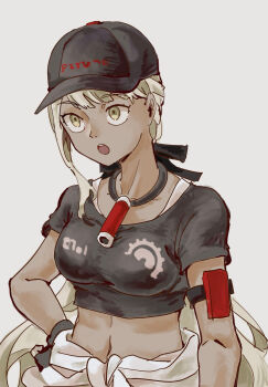 Rule 34 | 1girl, blonde hair, breasts, collarbone, crop top, dark-skinned female, dark skin, eyebrows, female focus, hand on own hip, highres, kawana tsubasa, large breasts, navel, open mouth, solo, solo focus, teeth, the hundred line -last defense academy-, upper body, upper teeth only, yellow eyes