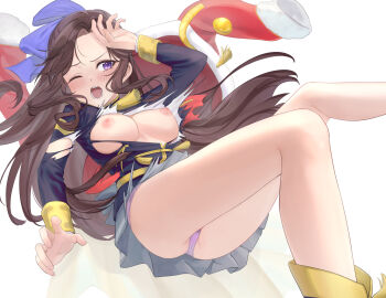 1girl arm_up black_jacket blush boots bow breasts breasts_out brown_hair commentary_request commission denim exploding_clothes feet_out_of_frame fingernails floating floating_hair fur-trimmed_jacket fur_trim grey_skirt hair_bow hand_on_own_forehead highres jacket jeans long_hair long_sleeves looking_ahead medium_breasts miniskirt nipples one_eye_closed open_mouth panties pants parted_bangs pixiv_commission pleated_skirt purple_bow purple_eyes purple_panties red_jacket red_sash sash shoujo_kageki_revue_starlight shoulder_sash shroomia simple_background single_stripe skirt solo striped_clothes striped_skirt tassel tendou_maya torn_clothes torn_jeans torn_pants torn_sleeves underwear v-shaped_eyebrows very_long_hair white_background yellow_boots